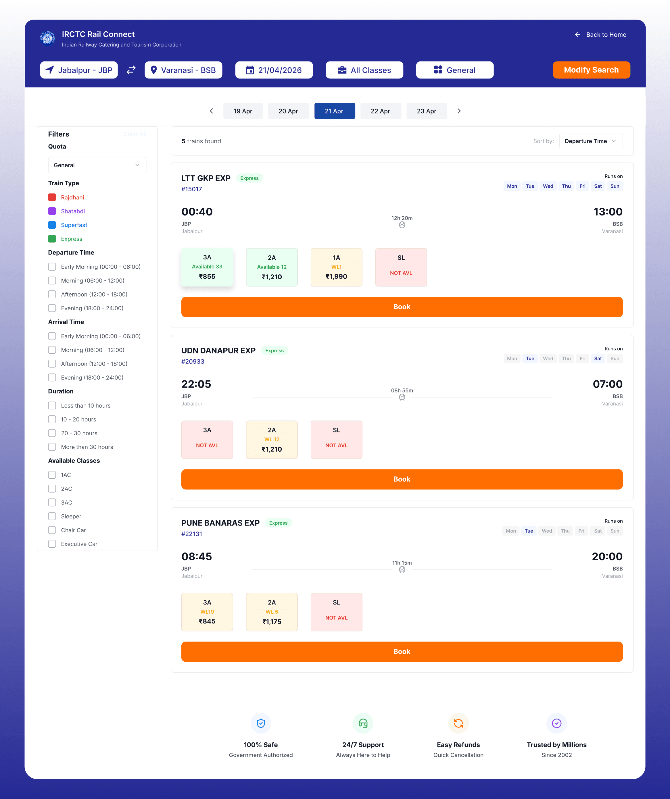 Train Search Results
