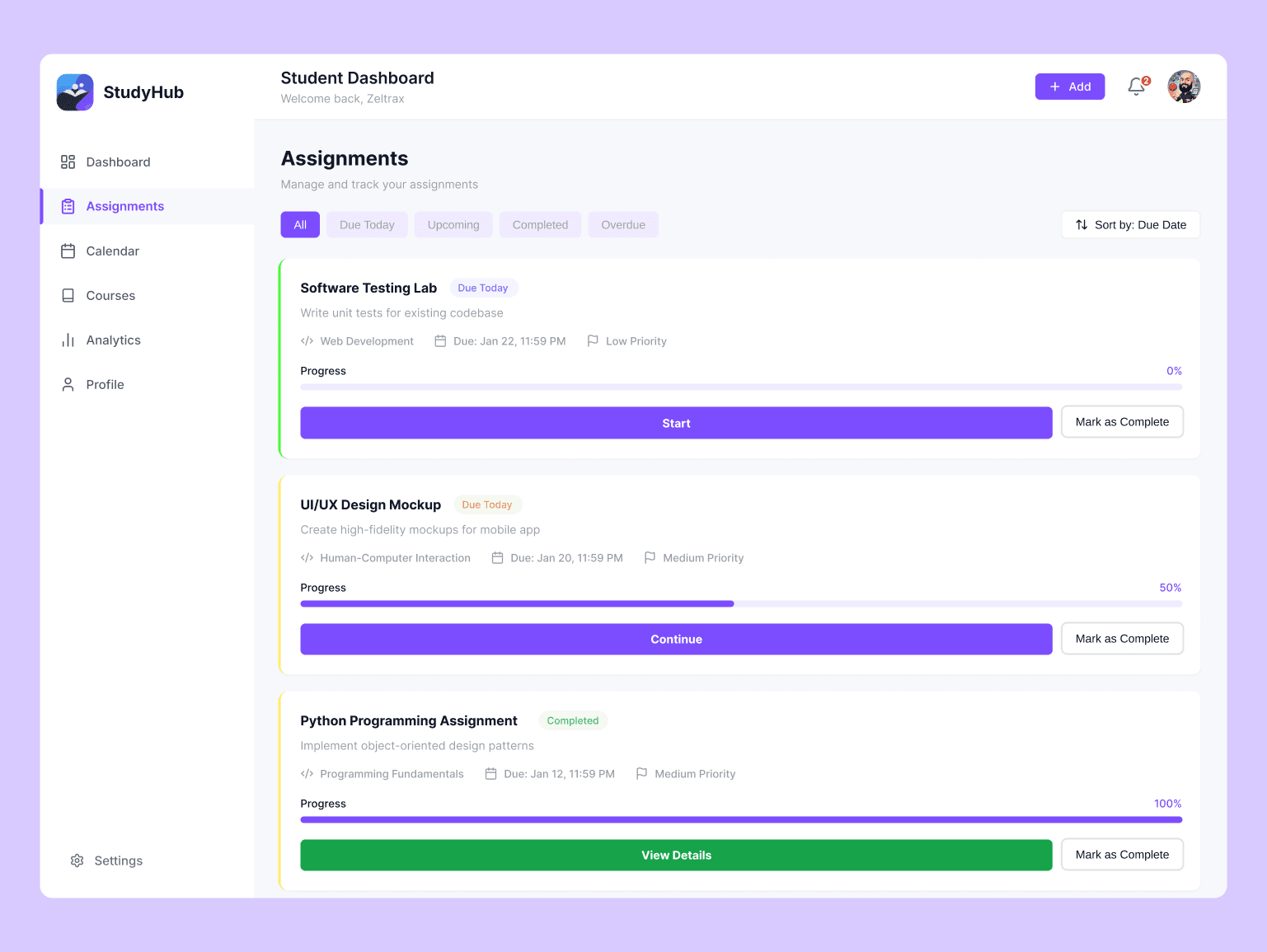 Assignments Screen
